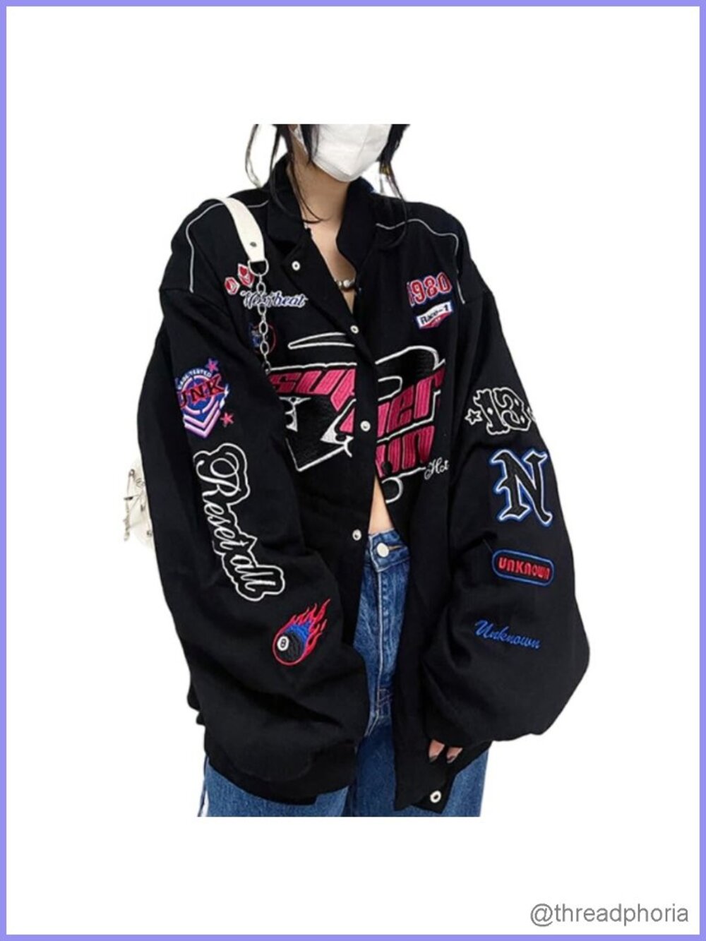 POHADON Button Down Varsity Bomber Jacket Y2K Streetwear